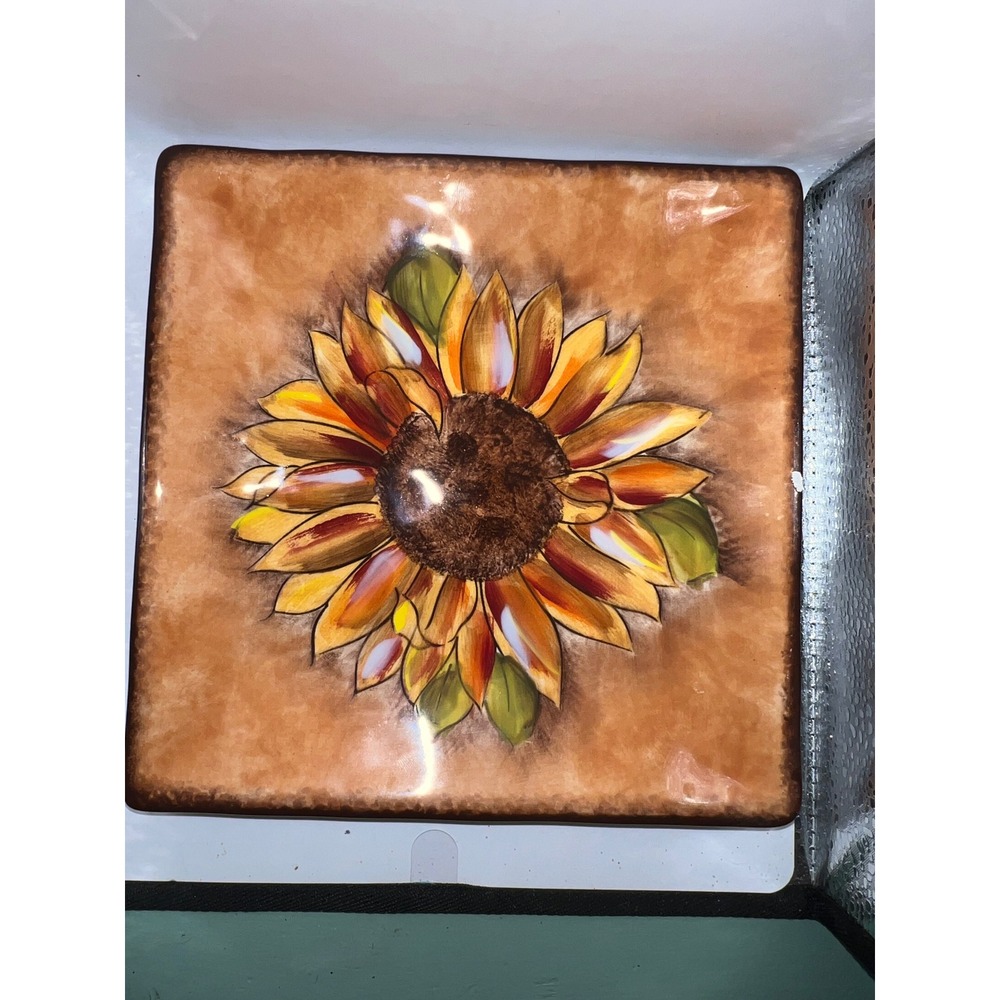 Clay Art Tuscan Sunflower Hand Painted Square Plate StoneLite Ceramic 8.25 Inch